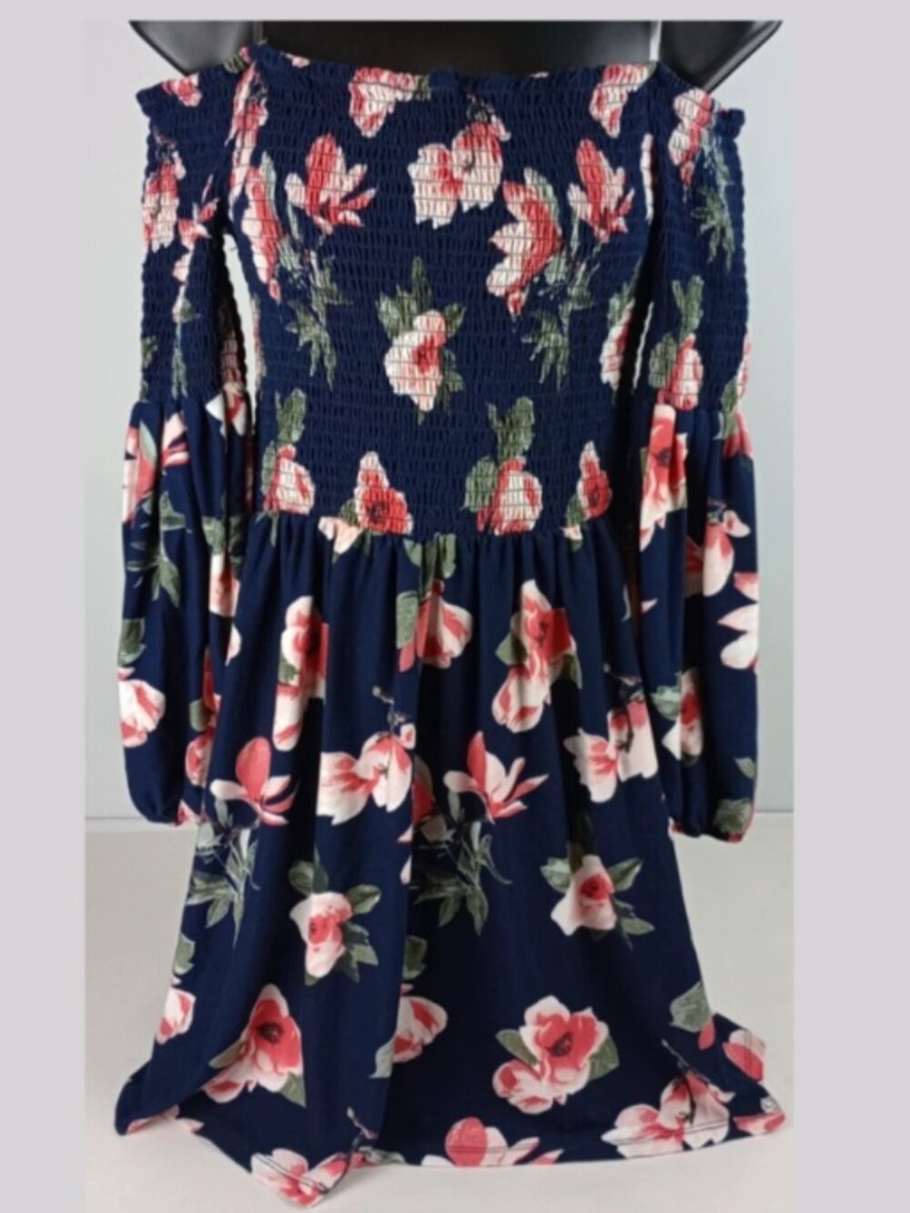 J For Justify‎ Women's Size L Navy Pink Floral Off Shoulder Long Sleeve Dress